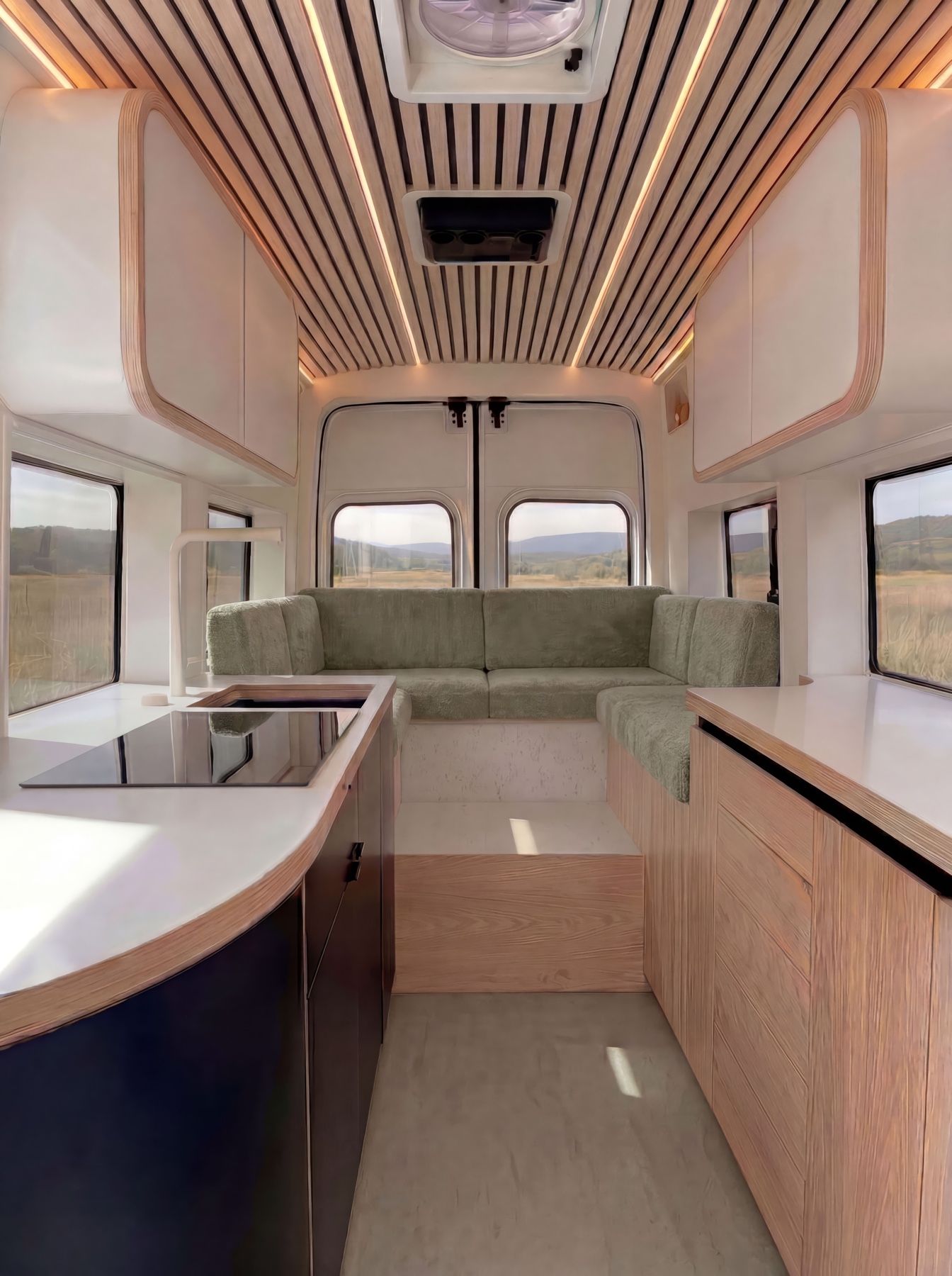 Design vision, not completed: wood ceiling, curved cabinets and upholstered rear lounge